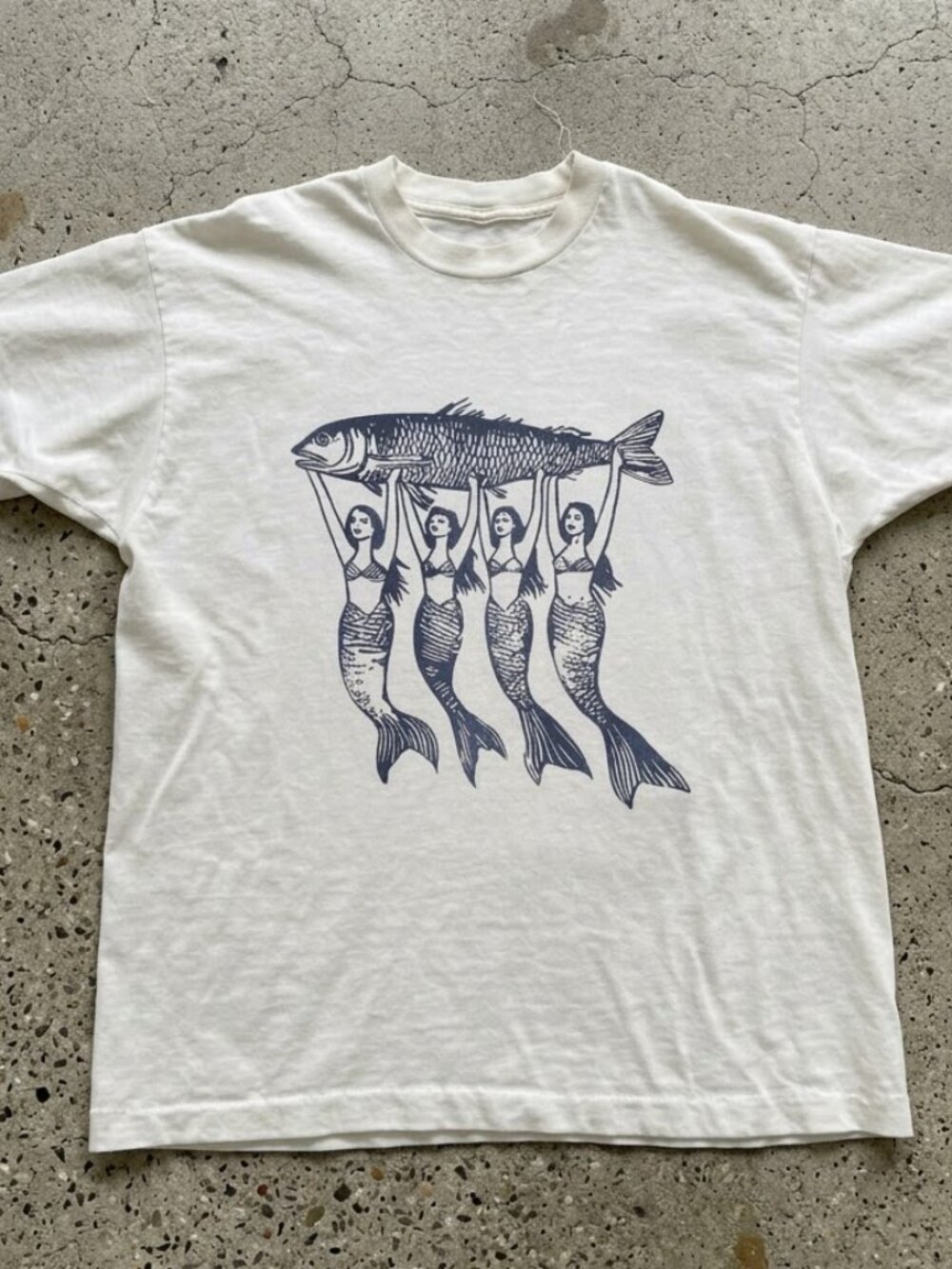 Mermaids Holding Fish Linocut White Cottagecore Graphic T-Shirt